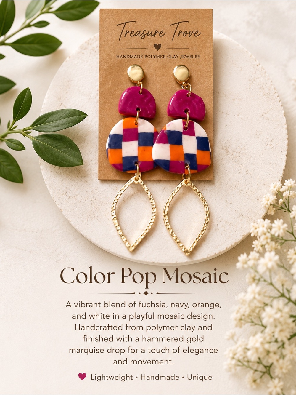 Color Pop Mosaic Fuchsia Drop Earrings with Gold Accents
